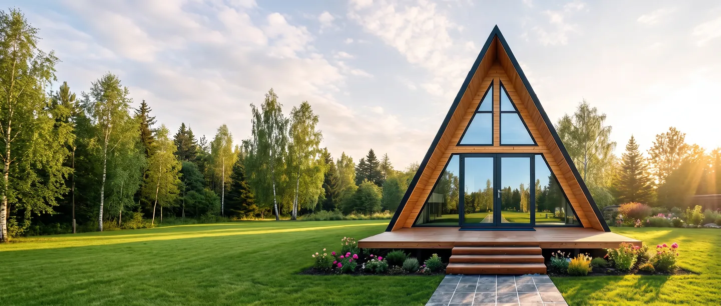 Дом A-Frame с остеклённым фронтоном, деревянной террасой и ступенями на летнем участке