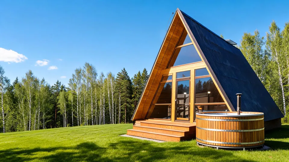Баня-гостевой дом A-Frame с чаном для купания на летнем участке