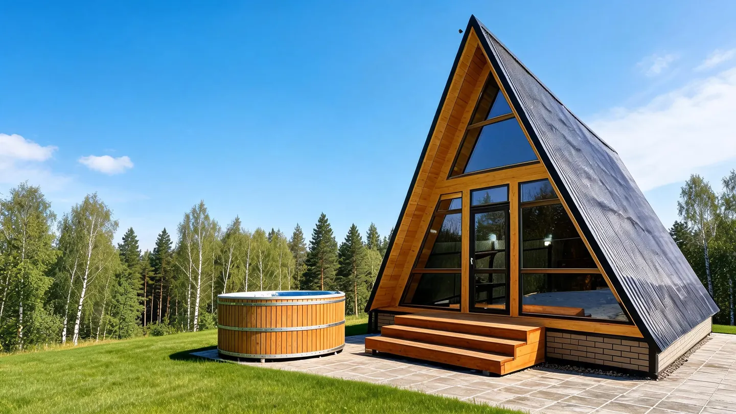 Дом A-Frame с деревянной террасой и чаном на летнем участке
