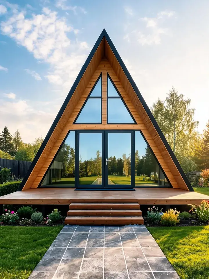 Дом A-Frame с остеклённым фасадом и деревянной террасой