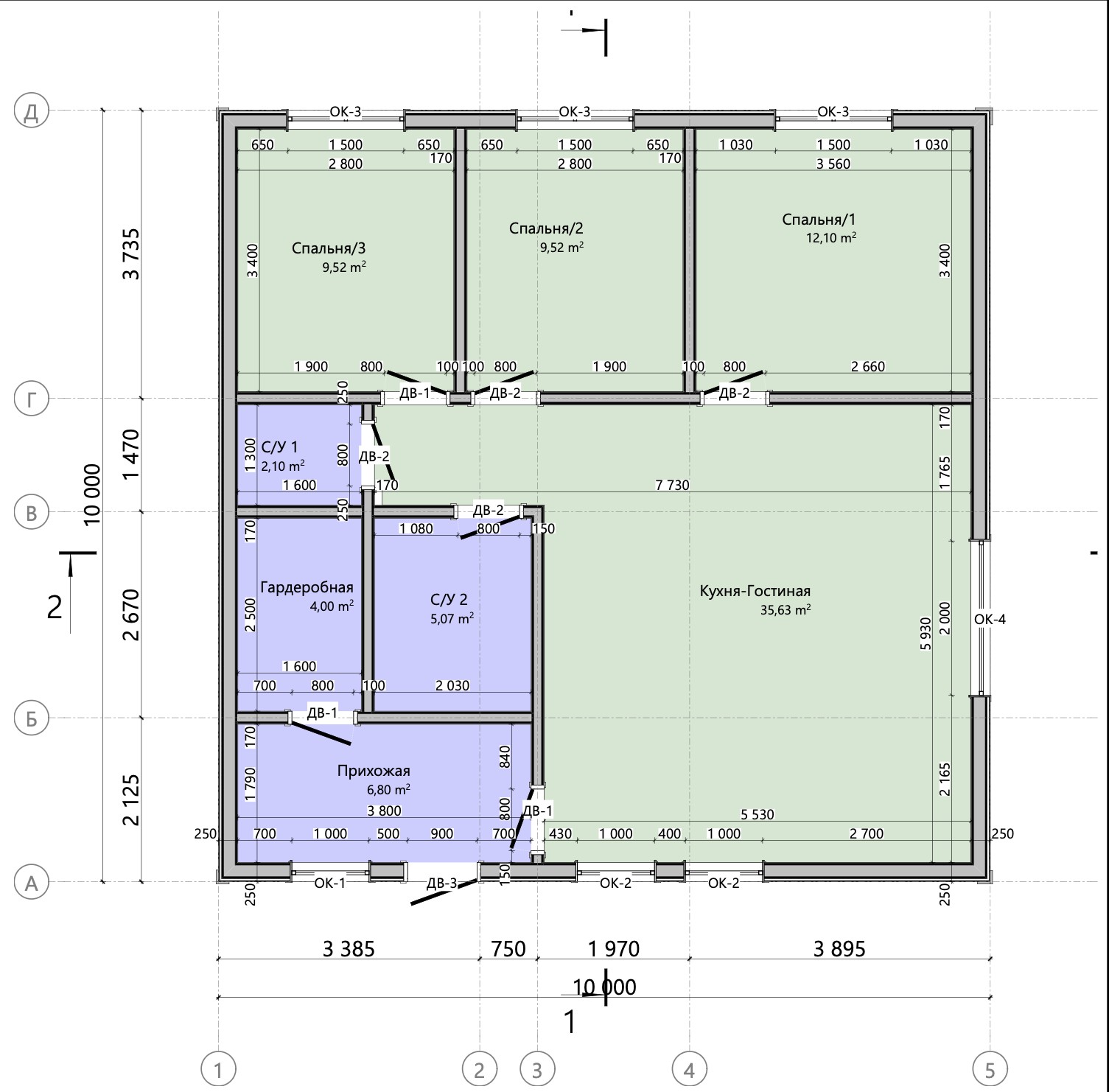 Планировка одноэтажного дома 100 м²: три спальни, кухня-гостиная 35,6 м², два санузла и гардеробная