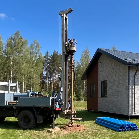 Буровая установка бурит скважину у каркасного дома