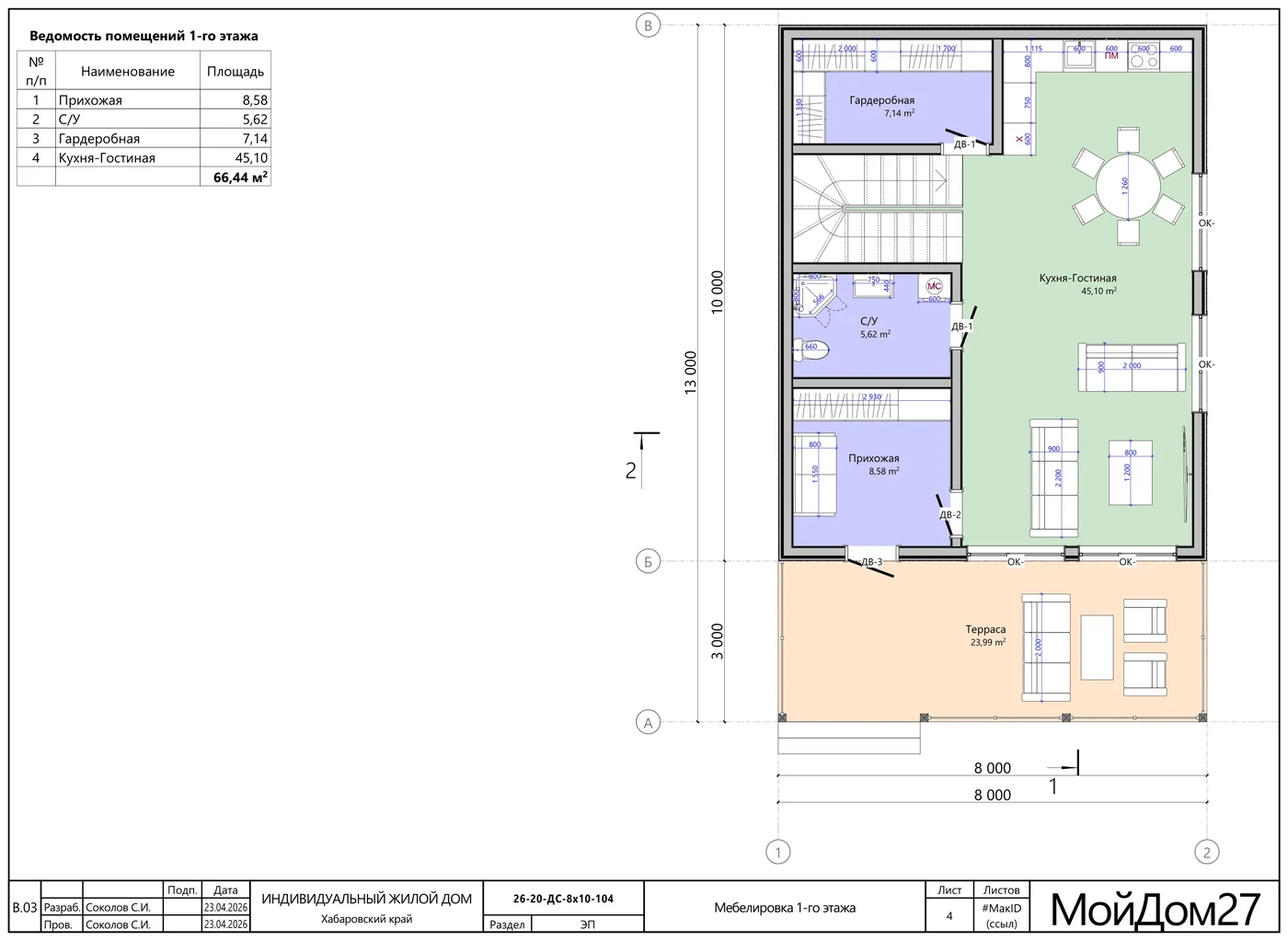 Расстановка мебели, 1-й этаж — каркасный дом 131,9 м² на 3 спальни с террасой 24 м², «Мой Дом 27»