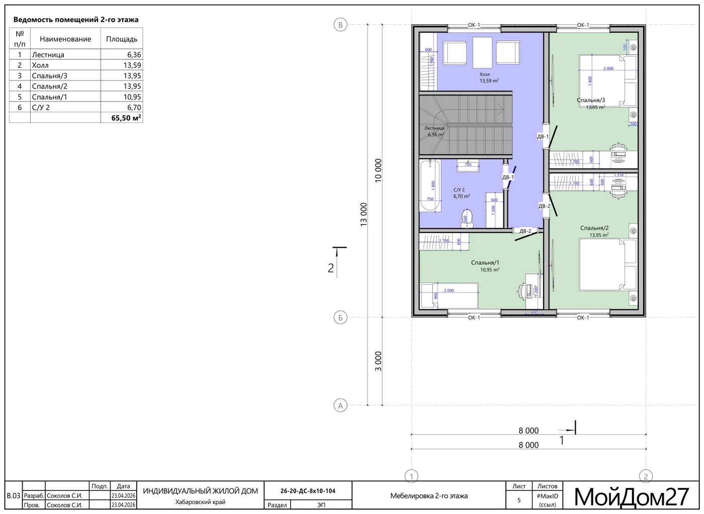 Расстановка мебели, 2-й этаж — каркасный дом 131,9 м² на 3 спальни с террасой 24 м², «Мой Дом 27»