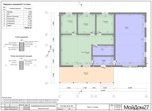 Планировка каркасного дома 136,8 м², 1 этаж, 3 спальни
