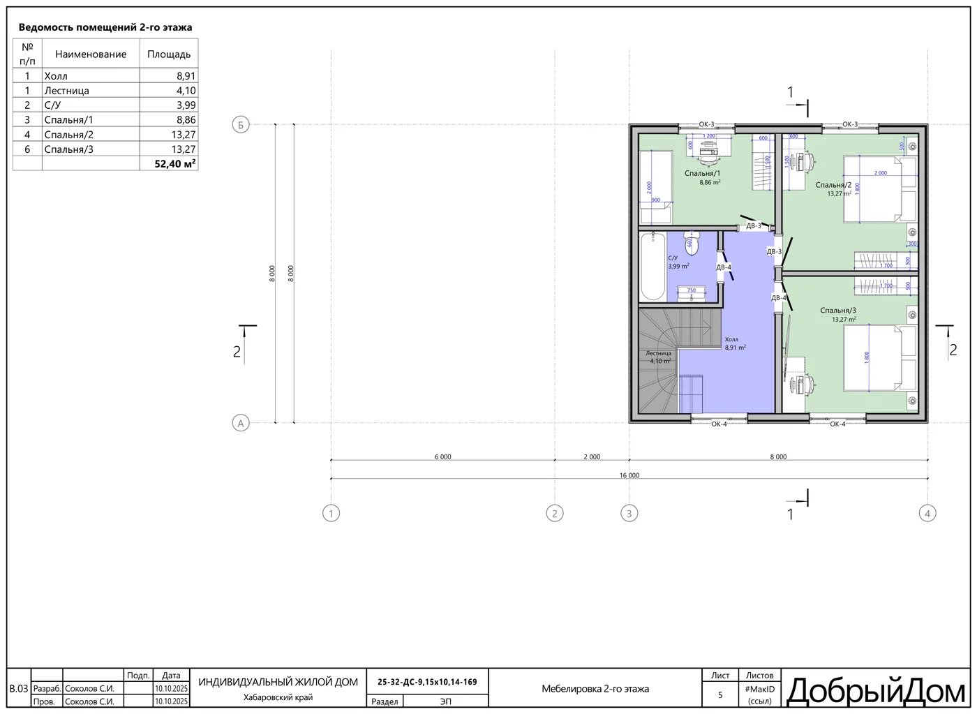 Расстановка мебели, 2-й этаж — каркасный дом 161,9 м² на 3 спальни, «Мой Дом 27»
