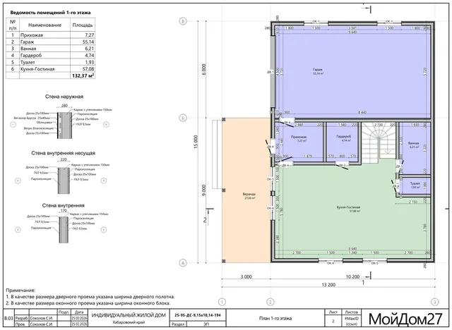 Планировка каркасного дома 208,9 м², 2 этажа, 3 спальни