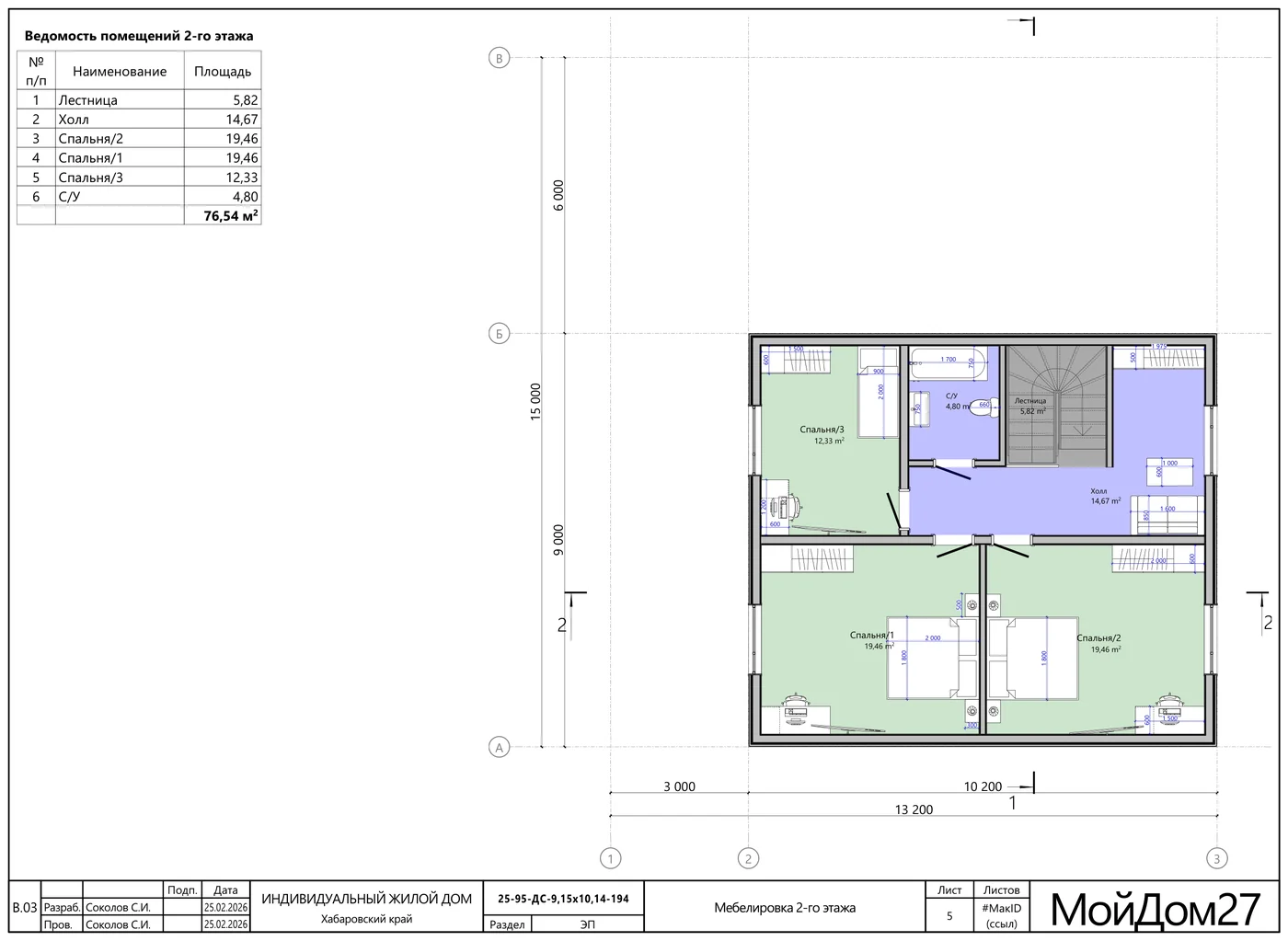 Расстановка мебели, 2-й этаж — каркасный дом 208,9 м² на 3 спальни, «Мой Дом 27»