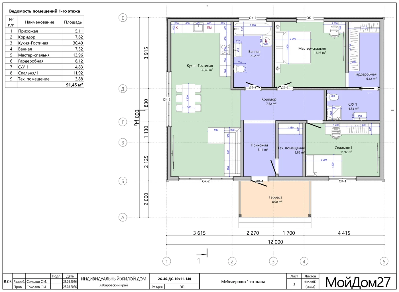 Расстановка мебели, 1-й этаж — каркасный дом 91,5 м² на 2 спальни с террасой 8 м², «Мой Дом 27»
