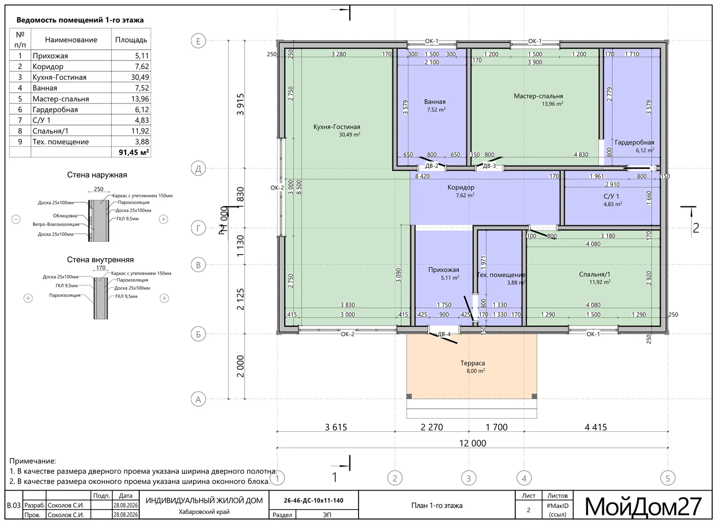 План 1-го этажа — каркасный дом 91,5 м² на 2 спальни с террасой 8 м², «Мой Дом 27»