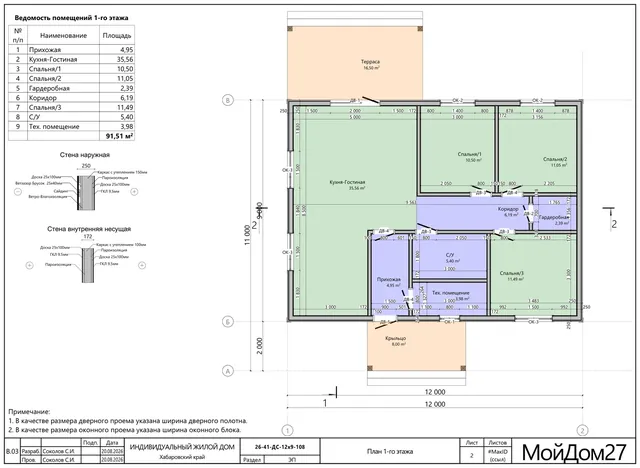 Планировка каркасного дома 91,5 м², 1 этаж, 3 спальни, терраса 16,5 м²
