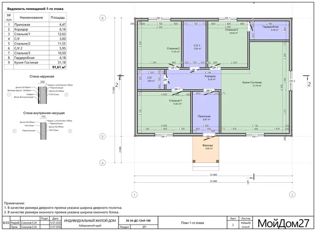 Планировка каркасного дома 91,6 м², 1 этаж, 3 спальни