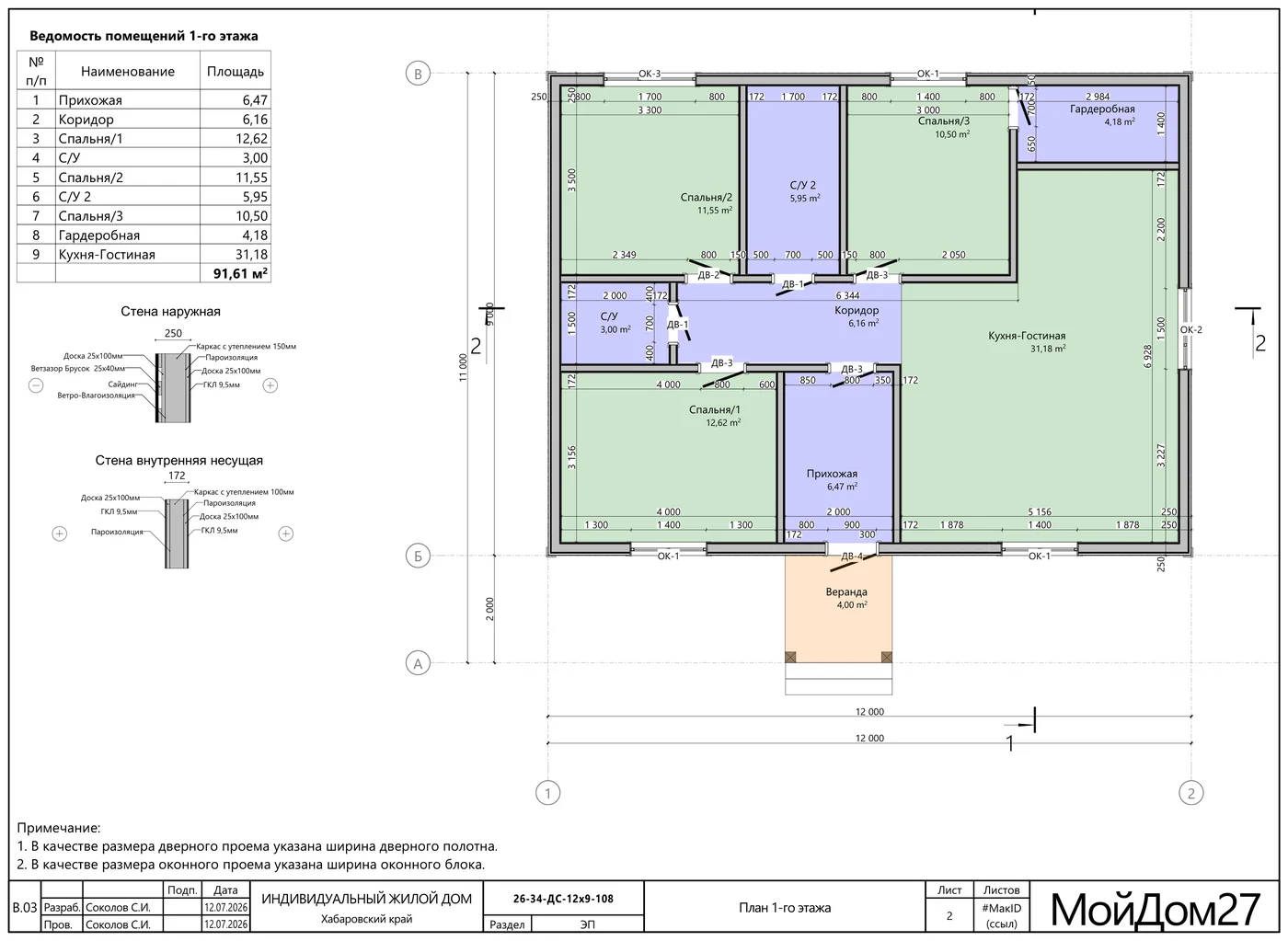 План 1-го этажа — каркасный дом 91,6 м² на 3 спальни, «Мой Дом 27»
