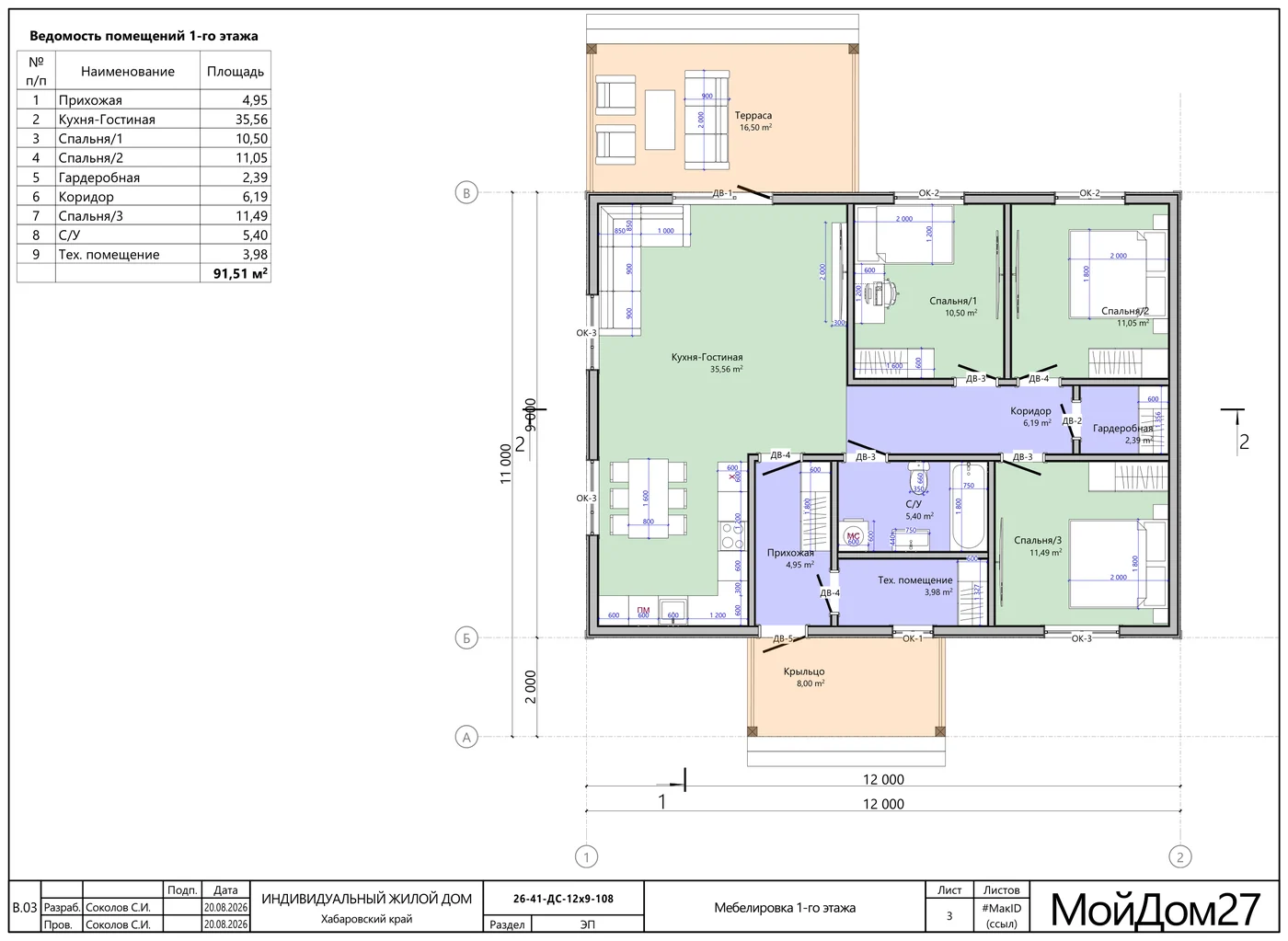 Расстановка мебели, 1-й этаж — каркасный дом 91,5 м² на 3 спальни с террасой 16,5 м², «Мой Дом 27»