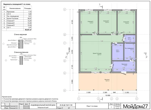 Планировка каркасного дома 93,9 м², 1 этаж, 3 спальни